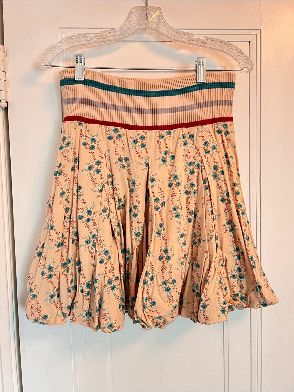 Cream Floral Bubble Skirt with Striped Ribbed Waistband